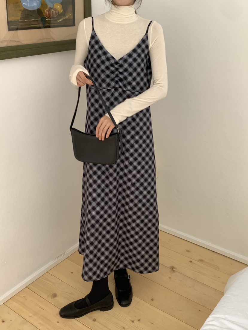 FRILL-T東大門㊣代購女士新款休閑職業連衣裙不含內搭格紋FRILL-T連衣裙