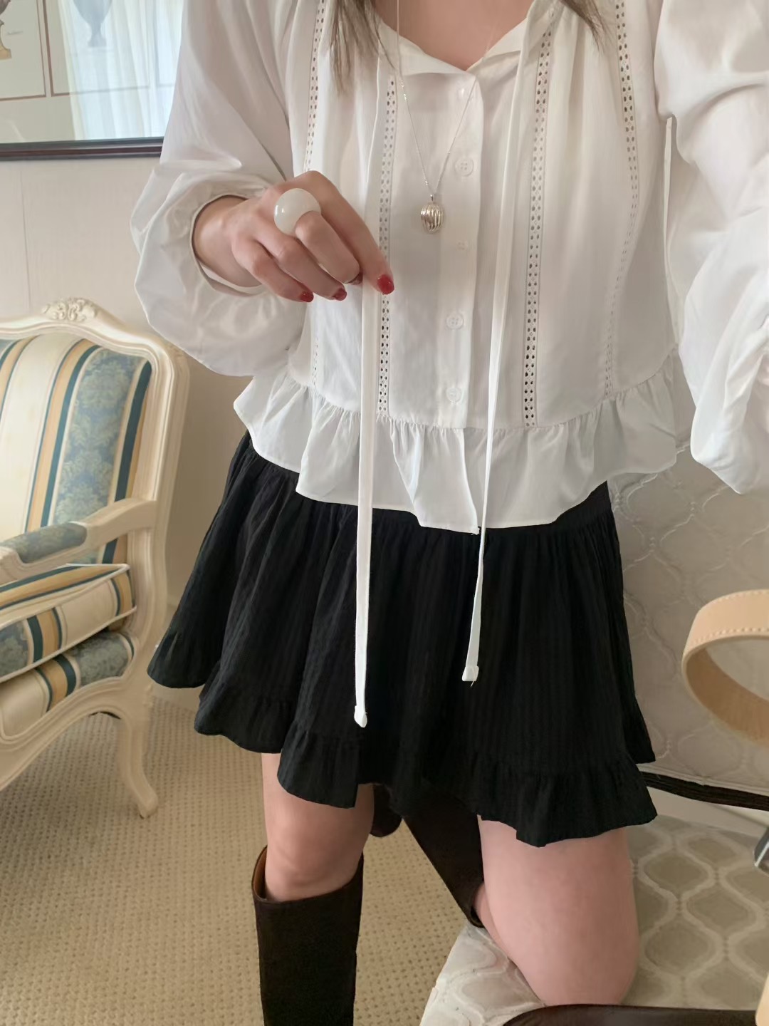MELLOUNGE-멜라운지-T東大門㊣實拍女士新款休閑襯衫蕾絲衫MELLOUNGE-T襯衫/蕾絲衫