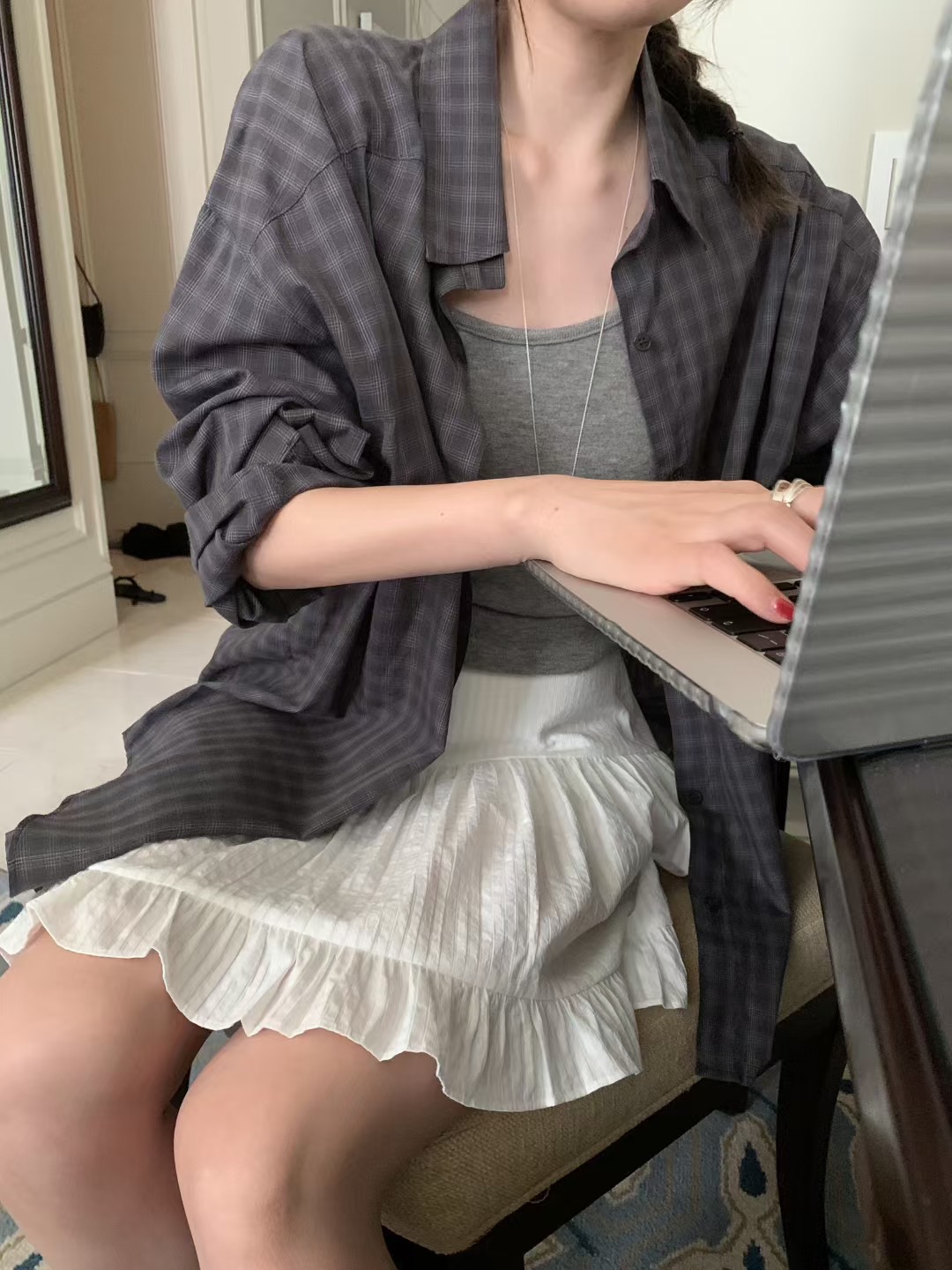 MELLOUNGE-멜라운지-T東大門㊣實拍女士新品推薦襯衫蕾絲衫格紋MELLOUNGE-T襯衫/蕾絲衫