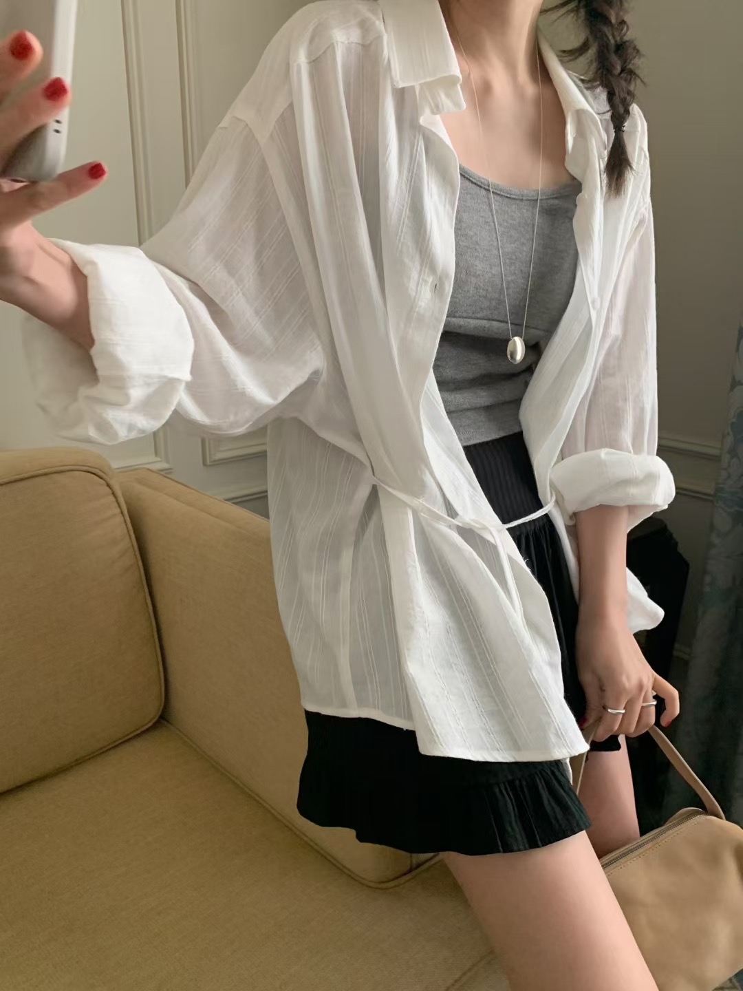 MELLOUNGE-멜라운지-T東大門㊣實拍女士新款熱賣襯衫蕾絲衫含腰繩MELLOUNGE-T襯衫/蕾絲衫