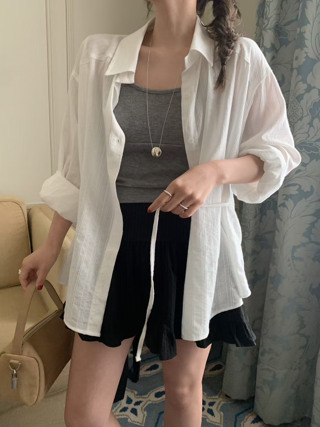 MELLOUNGE-멜라운지-T東大門㊣實拍女士新款熱賣襯衫蕾絲衫含腰繩MELLOUNGE-T襯衫/蕾絲衫圖色1