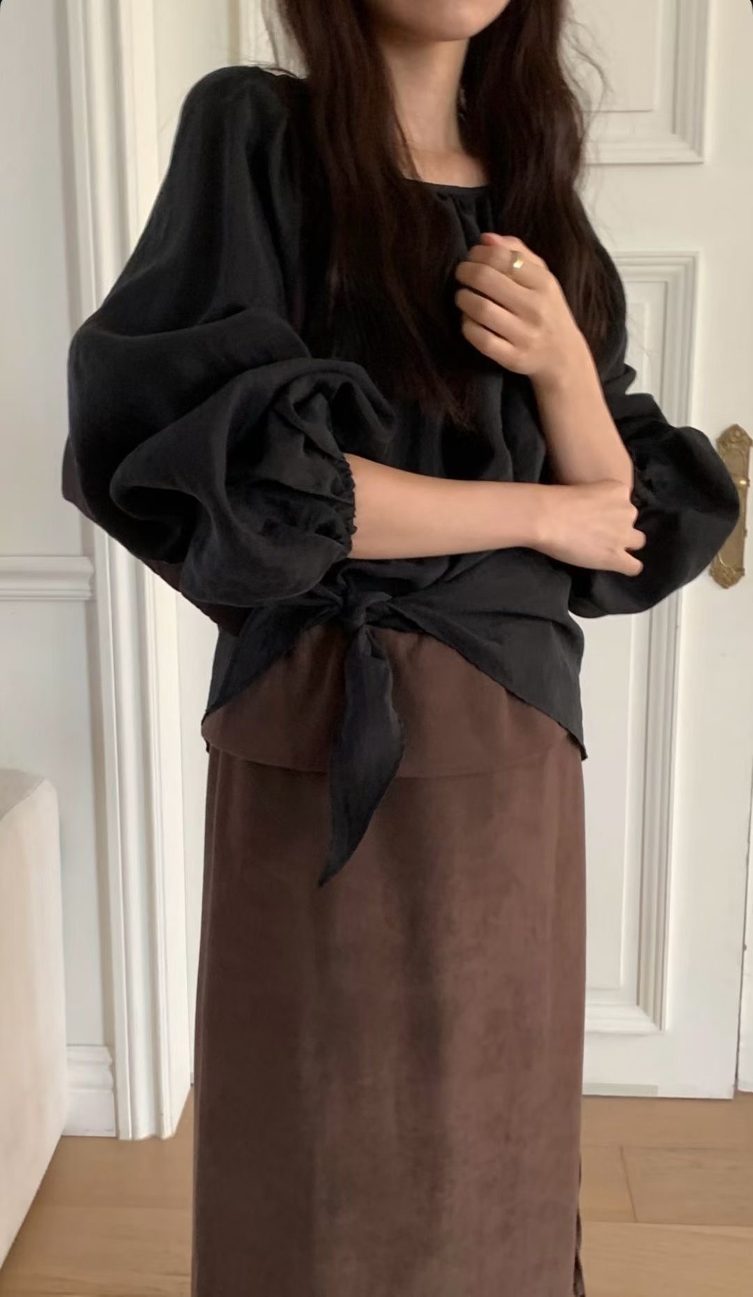 DE ONDO東大門㊣代購女裝新品人氣25秋冬休閑襯衫蕾絲衫褶皺DE ONDO襯衫/蕾絲衫