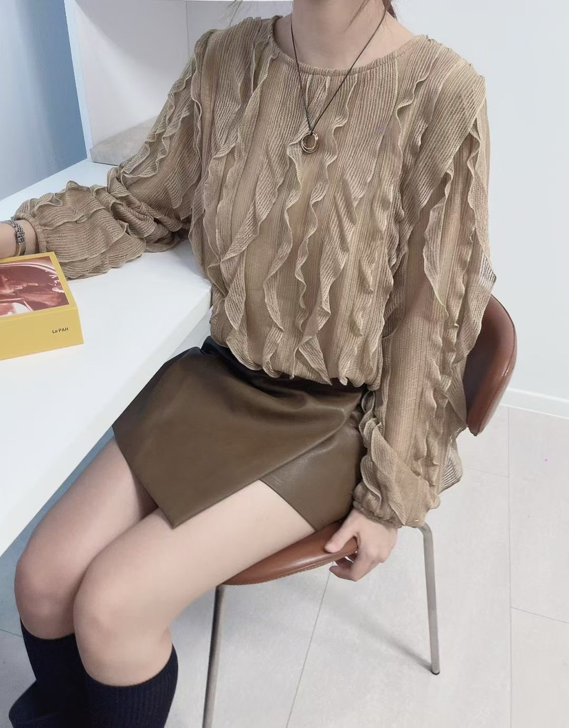 LULULALLA韓國代購㊣女裝新品時尚人氣25秋冬襯衫蕾絲衫褶皺LULULALLA襯衫/蕾絲衫