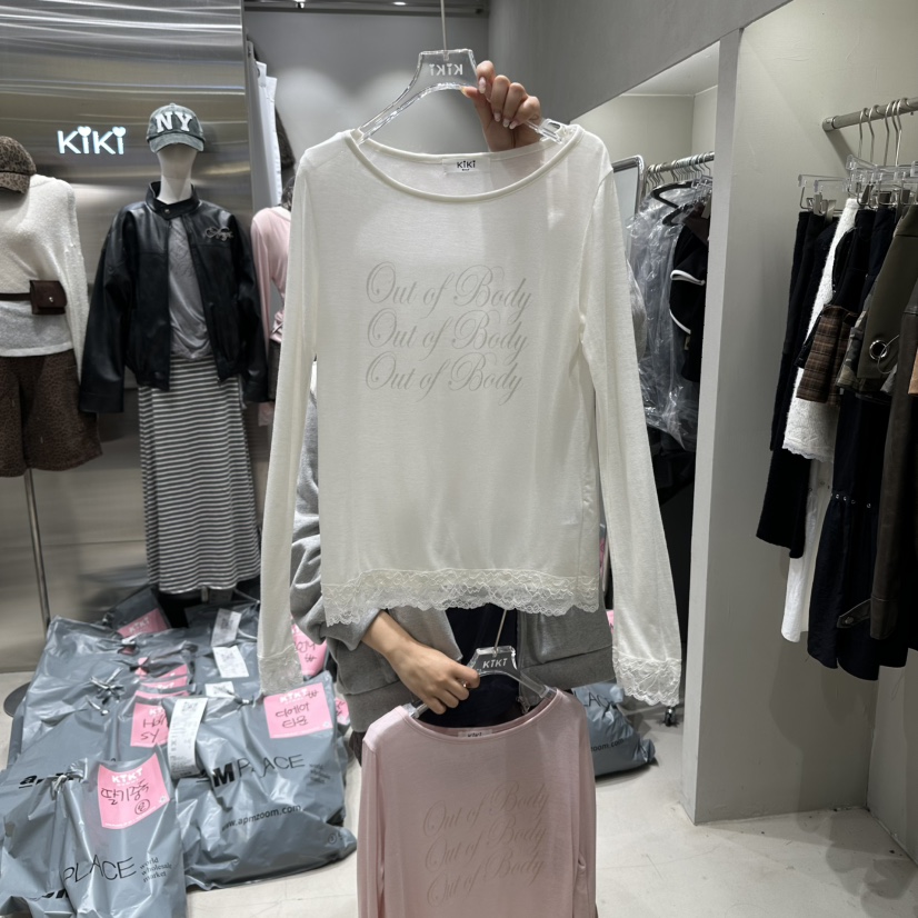 KIKI東大門㊣實拍女裝新品職業25秋冬休閑推薦長袖T恤羊毛蕾絲KIKI長袖T恤