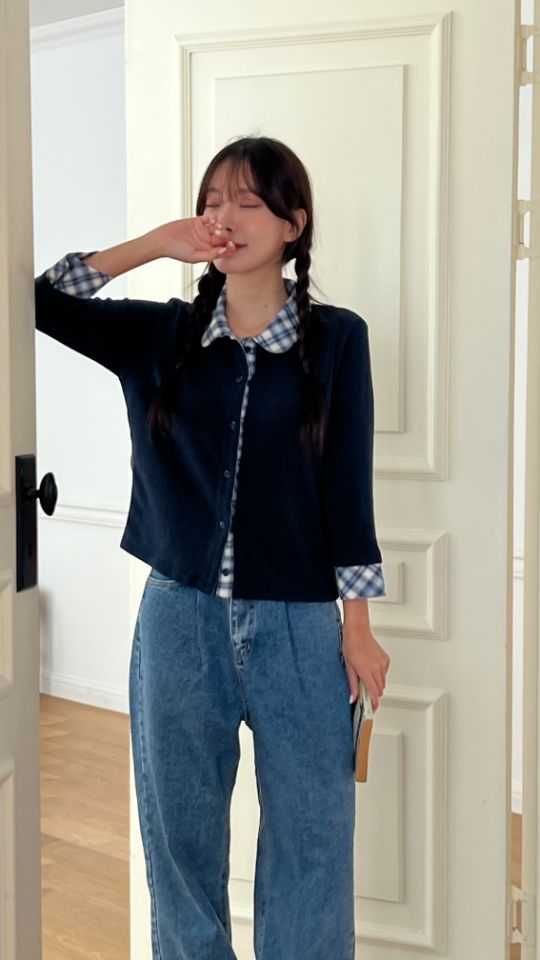 HEY/TO SEWING韓國代購㊣女裝新品職業時尚針織衫格紋開衫BY HEY/TO SEWING針織衫