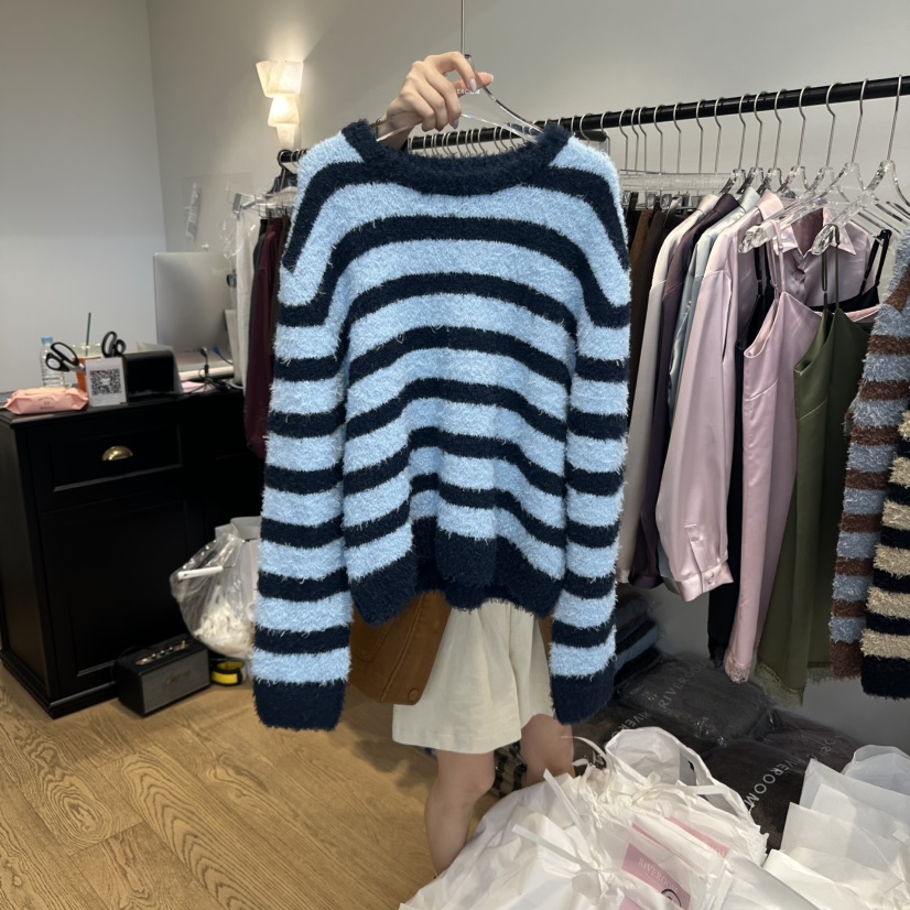 RIVEROOM東大門㊣代購女裝新品推薦職業人氣針織衫柔軟條紋RIVEROOM針織衫圖色1