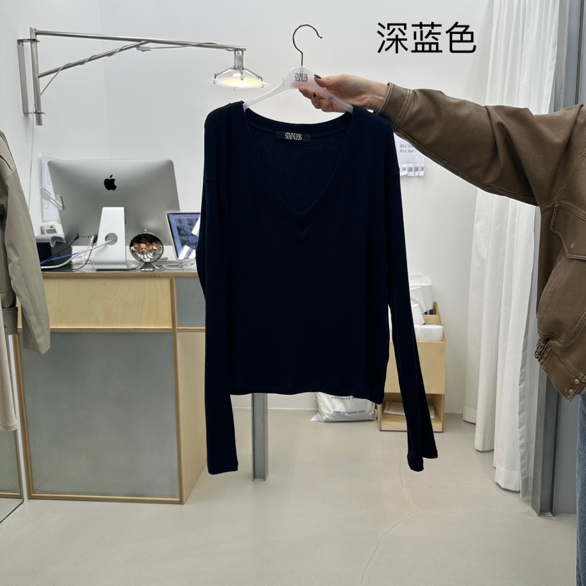 STAINLESS東大門㊣實拍女裝新款職業時尚人氣熱賣長袖T恤V領STAINLESS長袖T恤圖色3