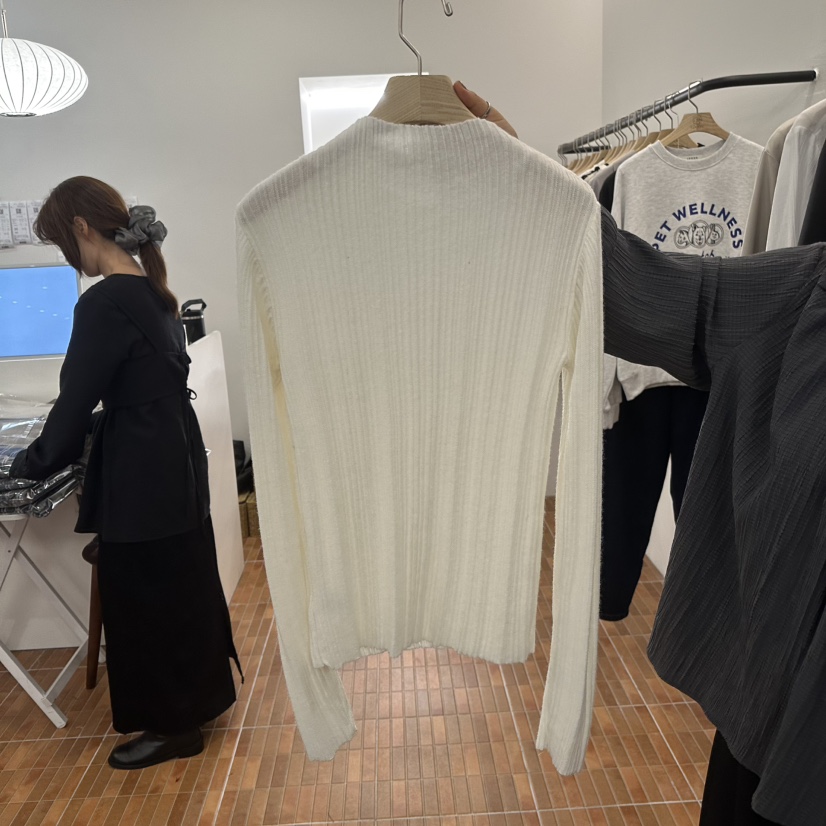 LOGON韓國代購㊣女裝新款職業休閑25秋冬時尚針織衫格子褶皺LOGON針織衫