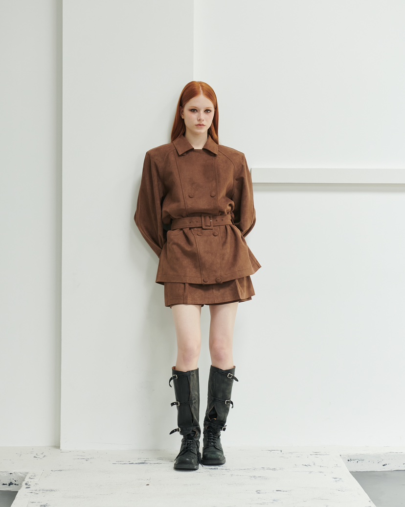 STAGE東大門㊣直郵女士新品25秋冬人氣熱賣夾克含腰帶絨面革STAGE夾克