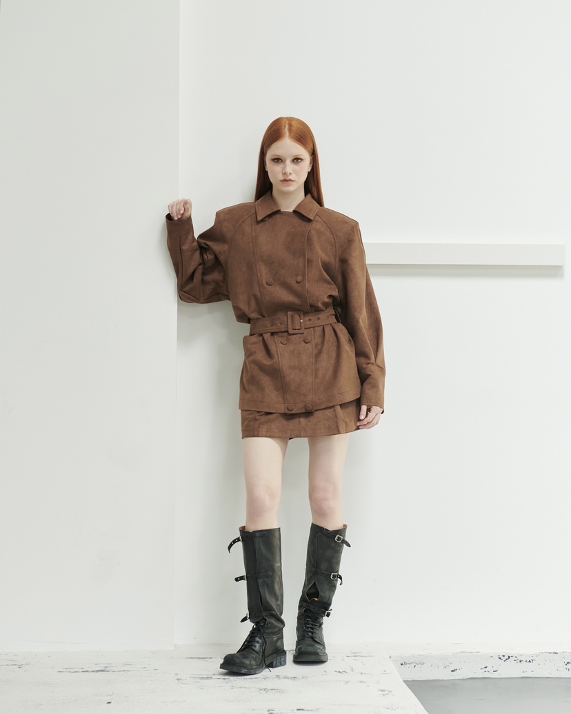 STAGE東大門㊣直郵女士新品25秋冬人氣熱賣夾克含腰帶絨面革STAGE夾克