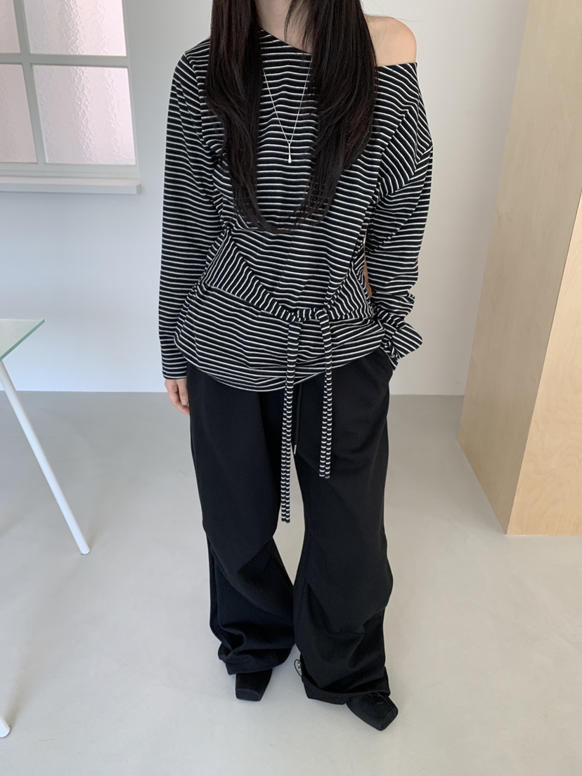 MONDAYMORING東大門㊣代購女裝新款熱賣休閑時尚長袖T恤條紋MONDAYMORING長袖T恤