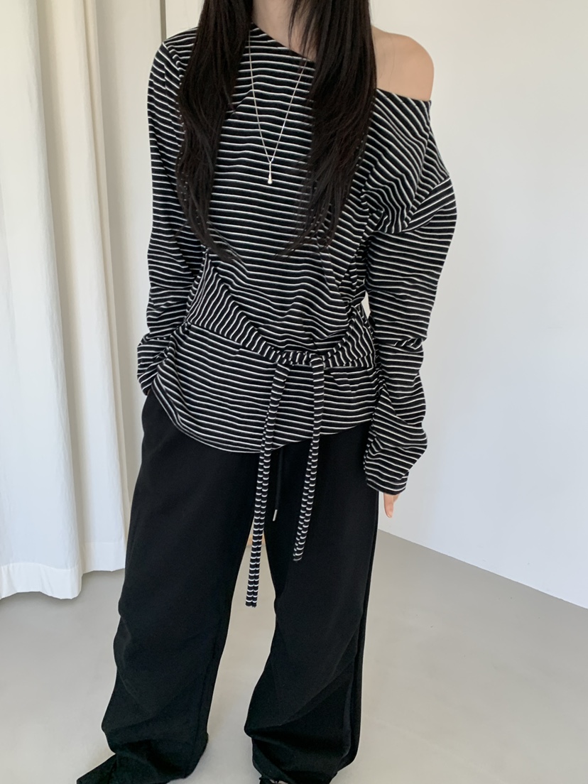 MONDAYMORING東大門㊣代購女裝新款熱賣休閑時尚長袖T恤條紋MONDAYMORING長袖T恤