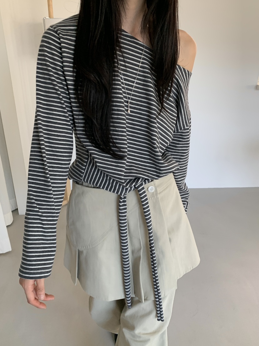 MONDAYMORING東大門㊣代購女裝新款熱賣休閑時尚長袖T恤條紋MONDAYMORING長袖T恤