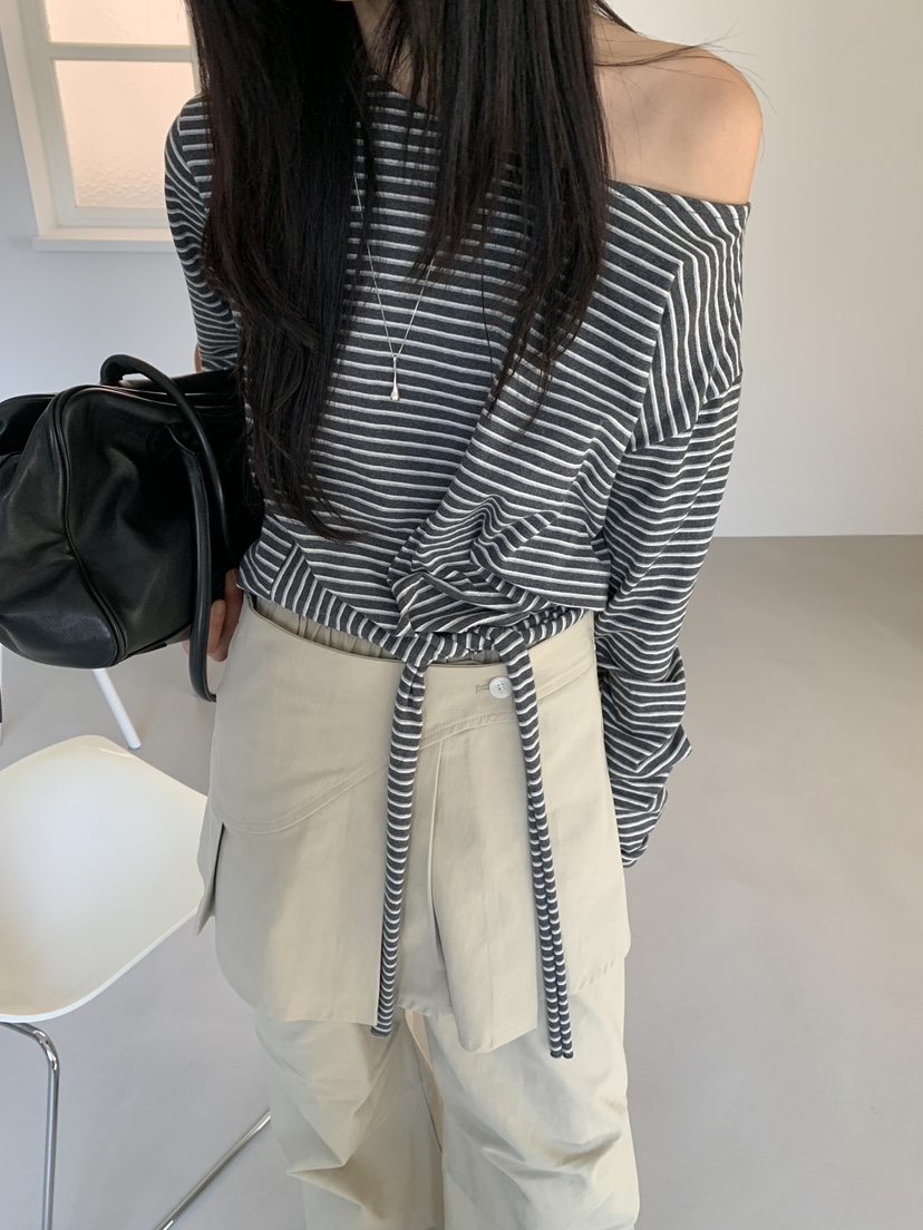 MONDAYMORING東大門㊣代購女裝新款熱賣休閑時尚長袖T恤條紋MONDAYMORING長袖T恤