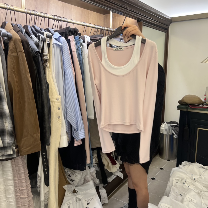 VIRKIN韓國直郵㊣女士新品人氣休閑熱賣真品職業長袖T恤假兩件VIRKIN長袖T恤圖色3