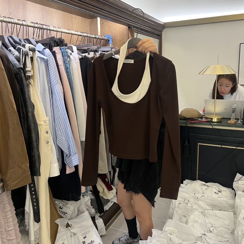 VIRKIN韓國直郵㊣女士新品人氣休閑熱賣真品職業長袖T恤假兩件VIRKIN長袖T恤圖色5