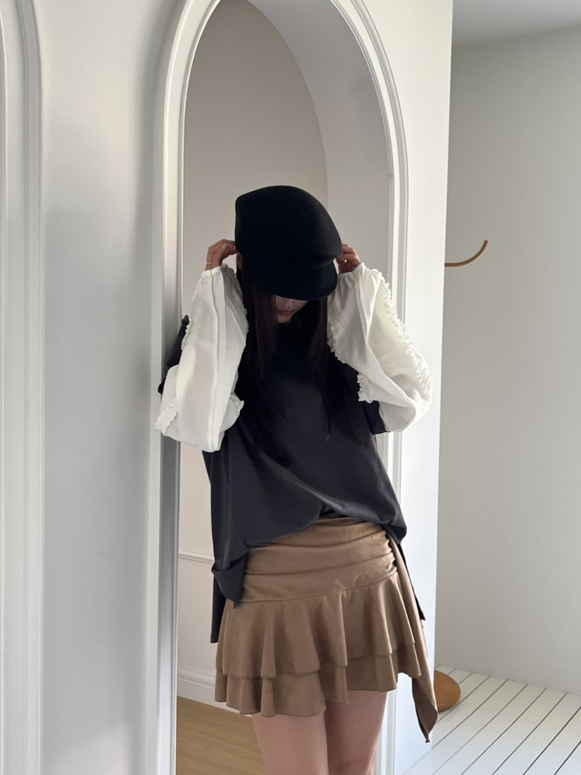 LOVE PULL韓國代購㊣女裝新品25秋冬推薦人氣真品短裙絨面革LOVE PULL短裙