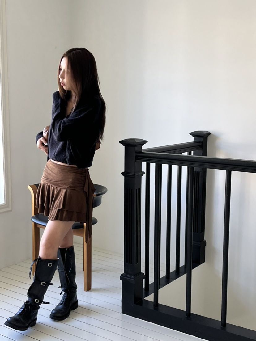 LOVE PULL韓國代購㊣女裝新品25秋冬推薦人氣真品短裙絨面革LOVE PULL短裙