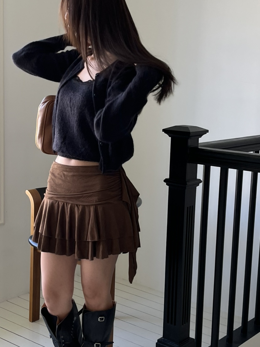 LOVE PULL韓國代購㊣女裝新品25秋冬推薦人氣真品短裙絨面革LOVE PULL短裙