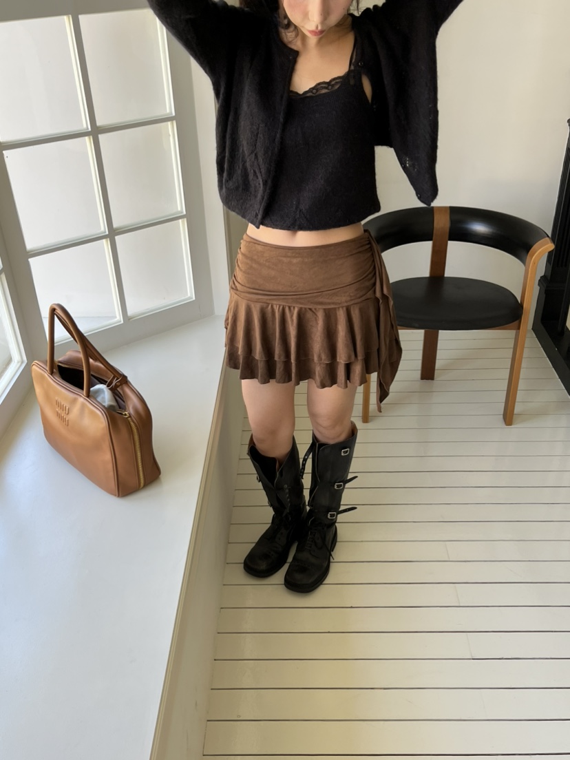 LOVE PULL韓國代購㊣女裝新品25秋冬推薦人氣真品短裙絨面革LOVE PULL短裙