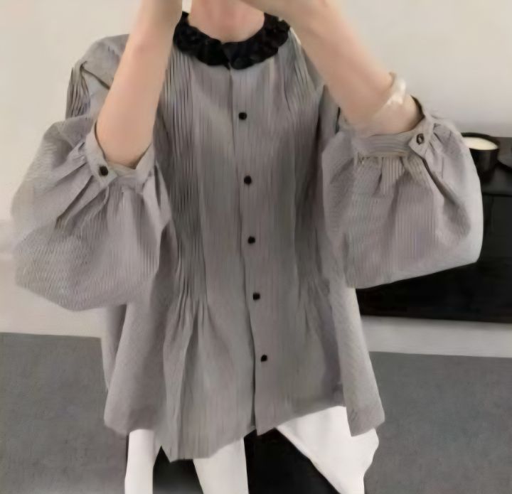 FEMME東大門㊣實拍女裝新款時尚推薦人氣休閑襯衫蕾絲衫條紋FEMME襯衫/蕾絲衫