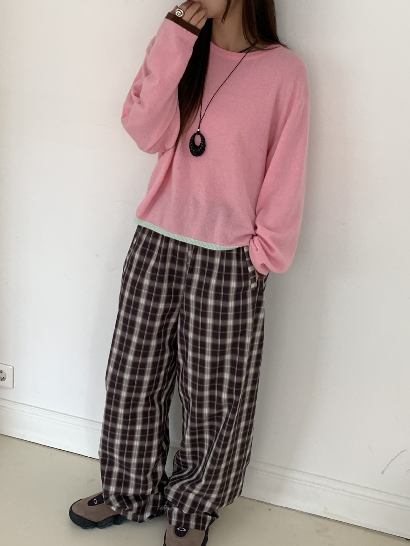 PEBBLE東大門㊣直郵女士新品職業熱賣休閑褲毛絨羊毛格紋雙層PEBBLE/LAYER休閑褲