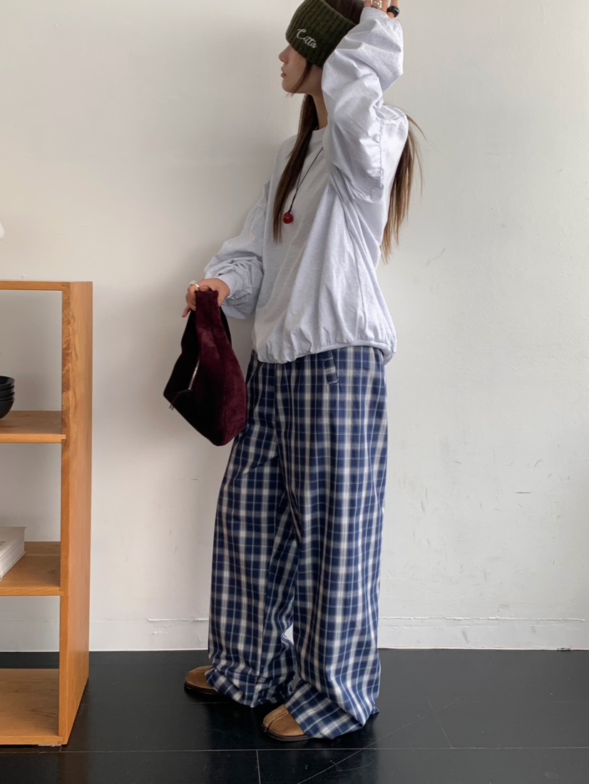 PEBBLE東大門㊣直郵女士新品職業熱賣休閑褲毛絨羊毛格紋雙層PEBBLE/LAYER休閑褲