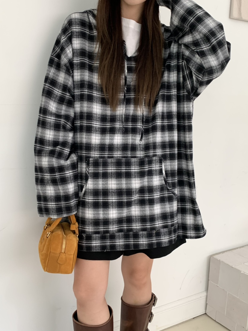 PEBBLE東大門㊣實拍女士新品人氣休閑襯衫蕾絲衫格紋連帽長款PEBBLE/LAYER襯衫/蕾絲衫