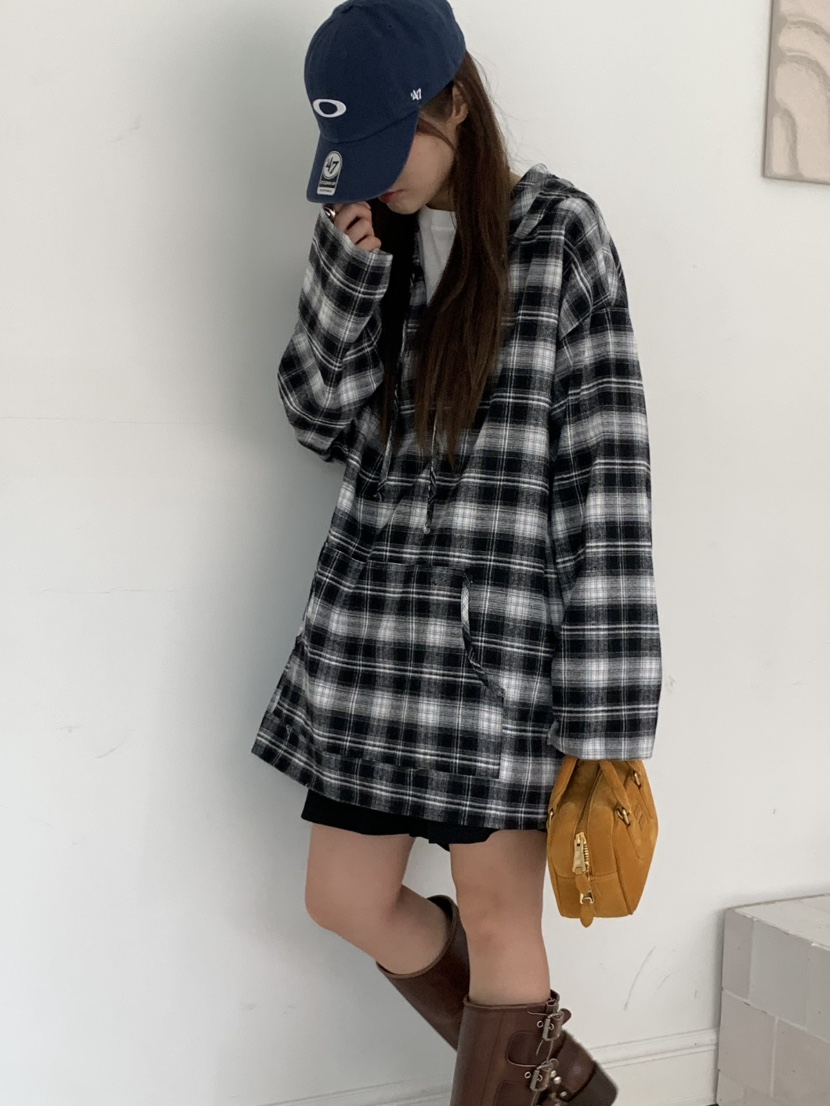 PEBBLE東大門㊣實拍女士新品人氣休閑襯衫蕾絲衫格紋連帽長款PEBBLE/LAYER襯衫/蕾絲衫
