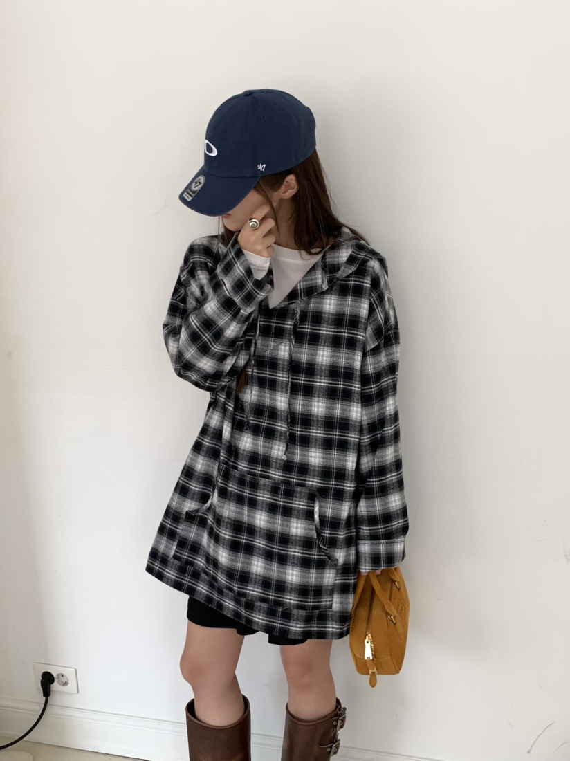 PEBBLE東大門㊣實拍女士新品人氣休閑襯衫蕾絲衫格紋連帽長款PEBBLE/LAYER襯衫/蕾絲衫