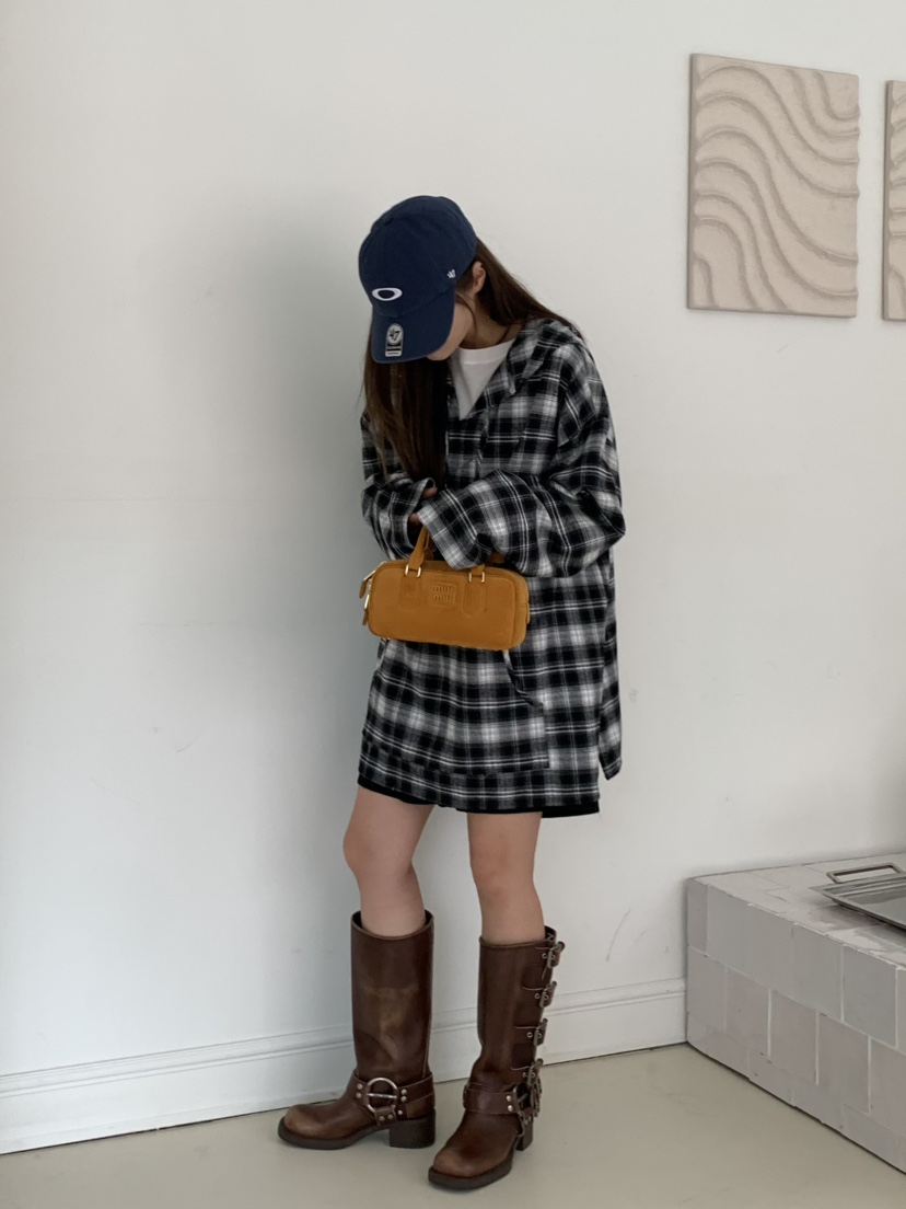 PEBBLE東大門㊣實拍女士新品人氣休閑襯衫蕾絲衫格紋連帽長款PEBBLE/LAYER襯衫/蕾絲衫