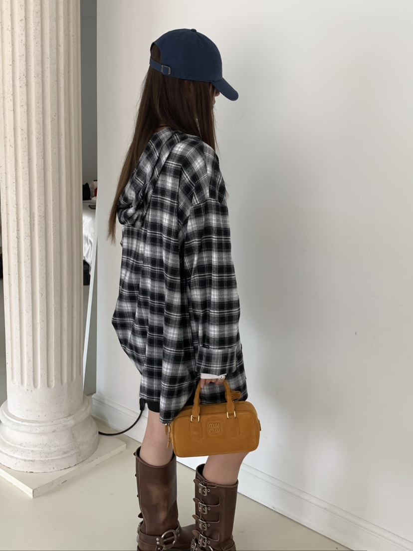 PEBBLE東大門㊣實拍女士新品人氣休閑襯衫蕾絲衫格紋連帽長款PEBBLE/LAYER襯衫/蕾絲衫