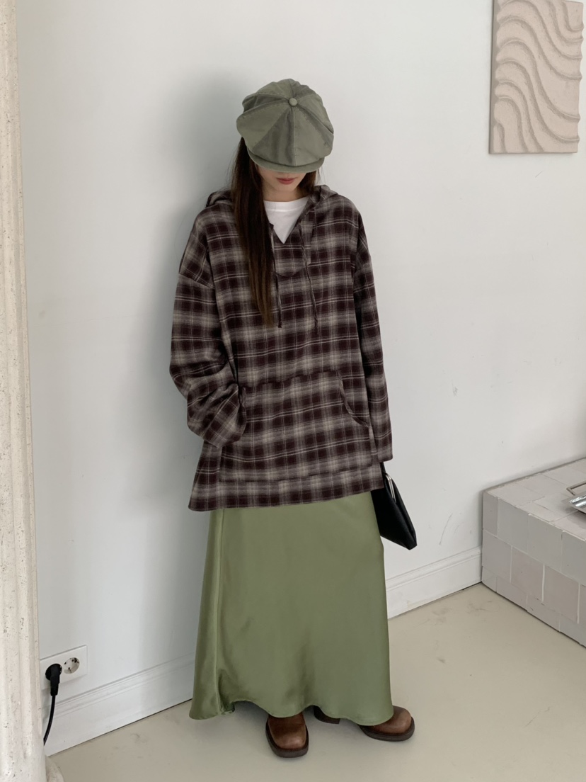 PEBBLE東大門㊣實拍女士新品人氣休閑襯衫蕾絲衫格紋連帽長款PEBBLE/LAYER襯衫/蕾絲衫