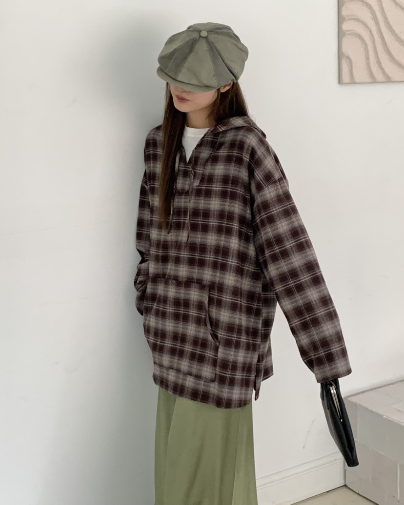 PEBBLE東大門㊣實拍女士新品人氣休閑襯衫蕾絲衫格紋連帽長款PEBBLE/LAYER襯衫/蕾絲衫