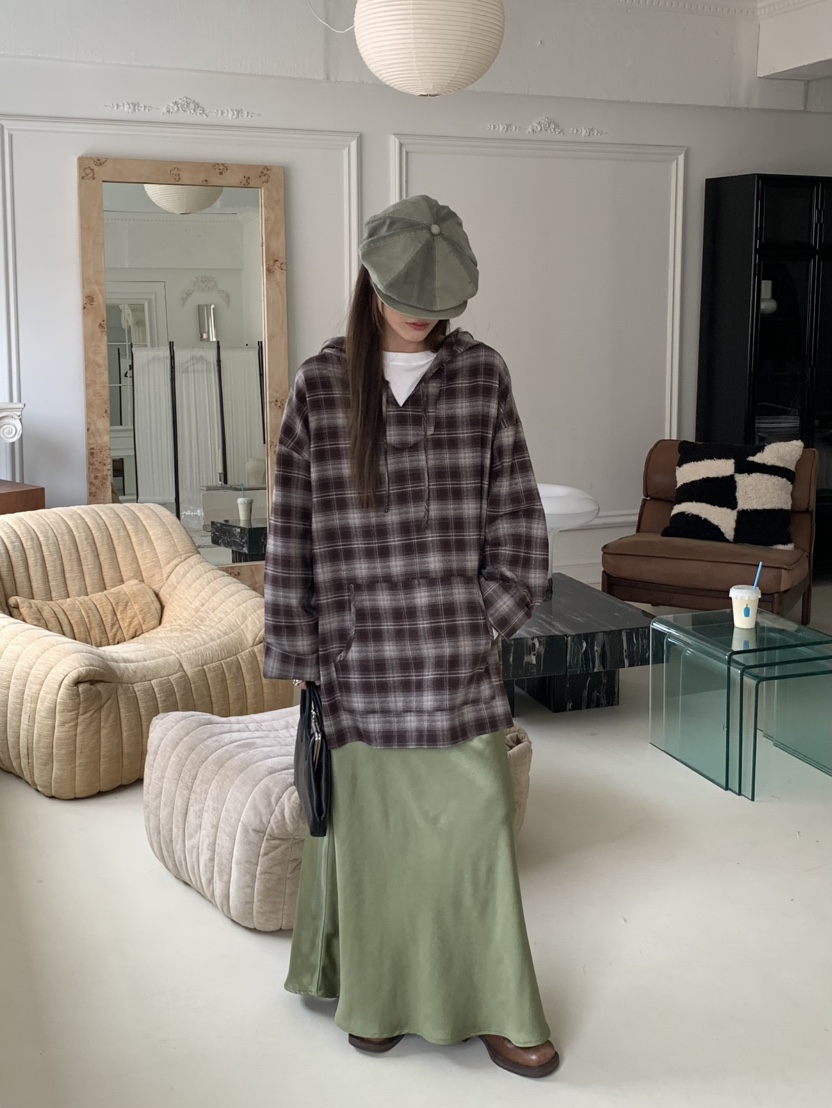 PEBBLE東大門㊣實拍女士新品人氣休閑襯衫蕾絲衫格紋連帽長款PEBBLE/LAYER襯衫/蕾絲衫