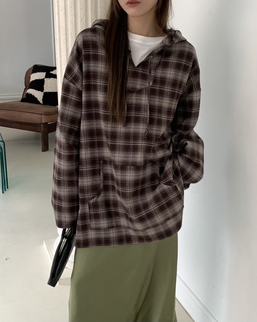 PEBBLE東大門㊣實拍女士新品人氣休閑襯衫蕾絲衫格紋連帽長款PEBBLE/LAYER襯衫/蕾絲衫