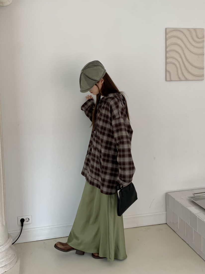 PEBBLE東大門㊣實拍女士新品人氣休閑襯衫蕾絲衫格紋連帽長款PEBBLE/LAYER襯衫/蕾絲衫