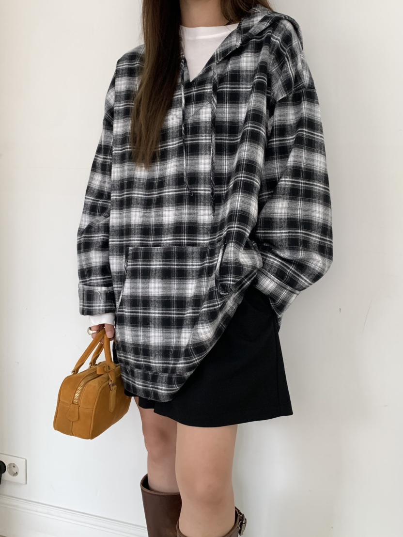 PEBBLE東大門㊣實拍女士新品人氣休閑襯衫蕾絲衫格紋連帽長款PEBBLE/LAYER襯衫/蕾絲衫