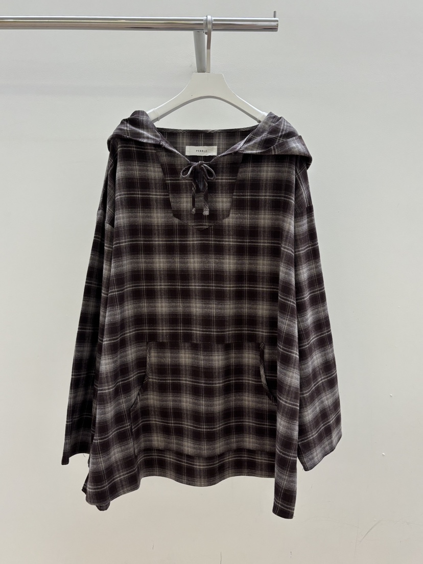 PEBBLE東大門㊣實拍女士新品人氣休閑襯衫蕾絲衫格紋連帽長款PEBBLE/LAYER襯衫/蕾絲衫圖色2