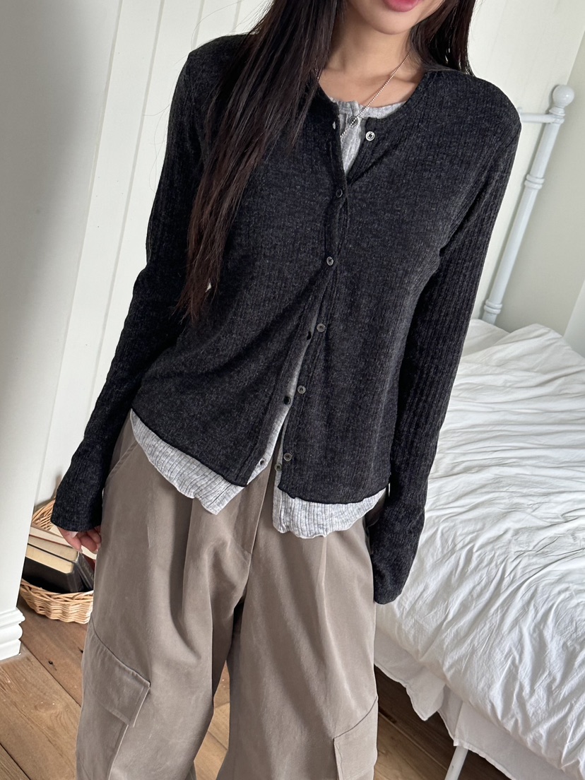 I MFACT東大門㊣實拍女裝新品熱賣針織衫假兩件雙排扣羊毛開衫I MFACT針織衫圖色2