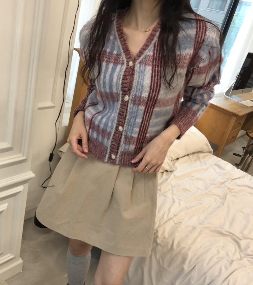 GLAD SOME東大門㊣實拍女裝新款25秋冬時尚針織衫格紋開衫GLAD SOME針織衫圖色1
