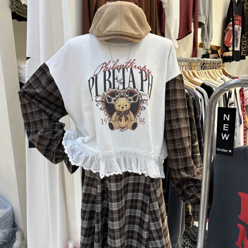UNDERSTAR_VINTAGE韓國代購㊣女士新品真品休閑衛衣格紋蕾絲UNDERSTAR_VINTAGE衛衣圖色1