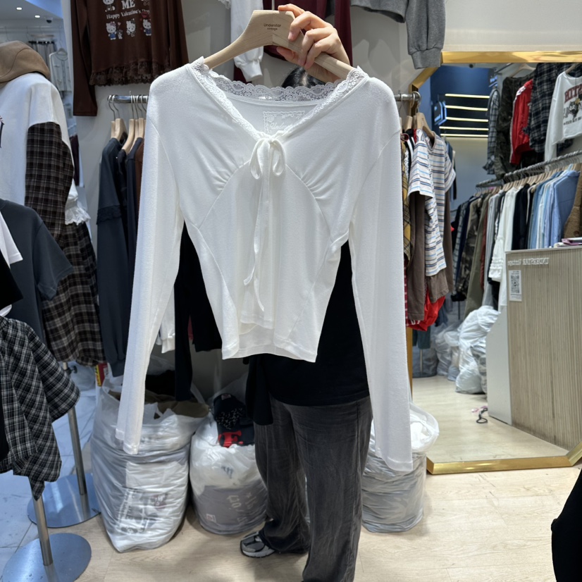 UNDERSTAR_VINTAGE東大門㊣代購女士新款推薦長袖T恤蝴蝶結V領蕾絲褶皺UNDERSTAR_VINTAGE長袖T恤