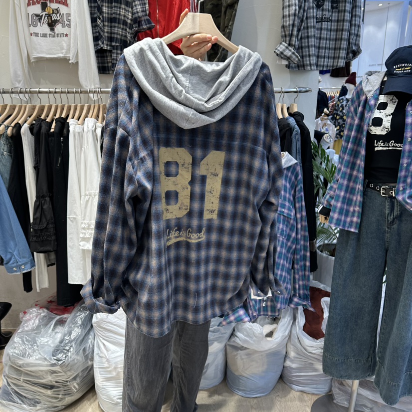 UNDERSTAR_VINTAGE東大門㊣代購女士新品熱賣衛衣不含內搭格紋連帽UNDERSTAR_VINTAGE衛衣