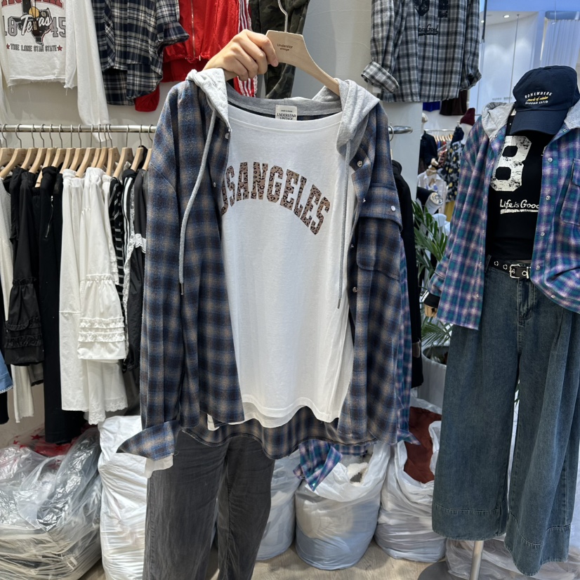 UNDERSTAR_VINTAGE東大門㊣代購女士新品熱賣衛衣不含內搭格紋連帽UNDERSTAR_VINTAGE衛衣圖色2