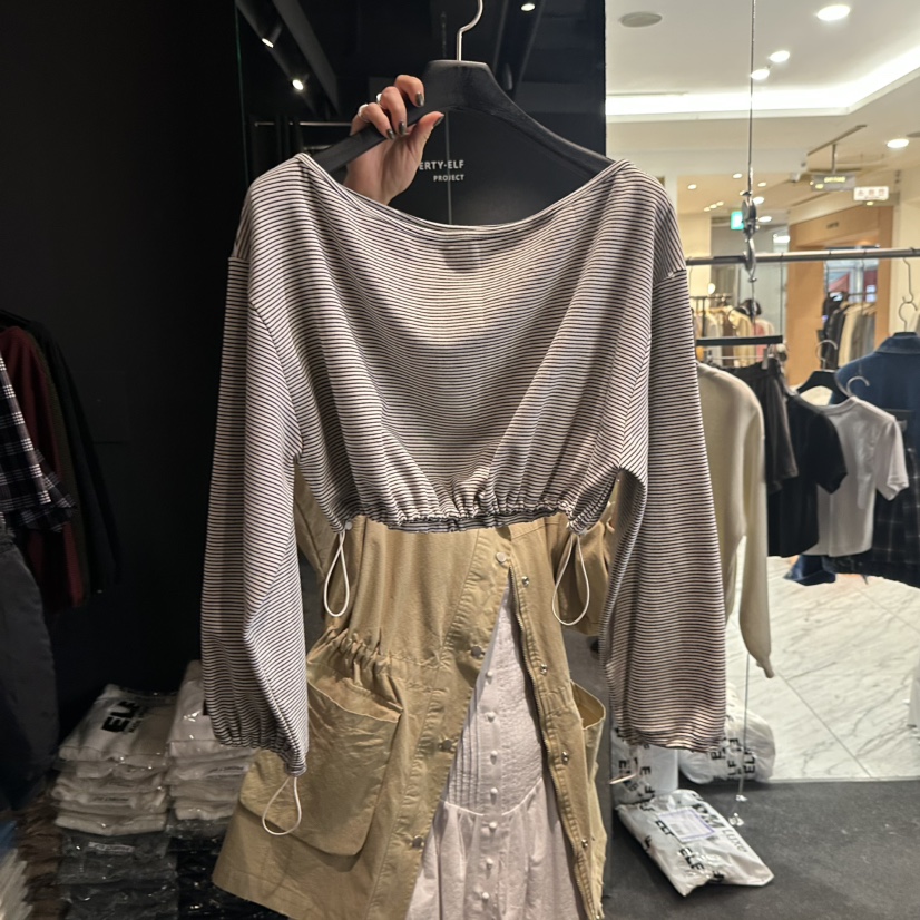 ELF-L東大門㊣直郵女士新品職業熱賣休閑人氣時尚長袖T恤露肩PROJECT ELF/ELF-L長袖T恤圖色1白色條紋