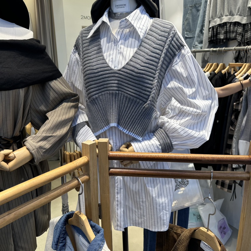 2MORROW東大門㊣代購女裝新品人氣25秋冬休閑襯衫蕾絲衫假兩件2MORROW襯衫/蕾絲衫圖色1