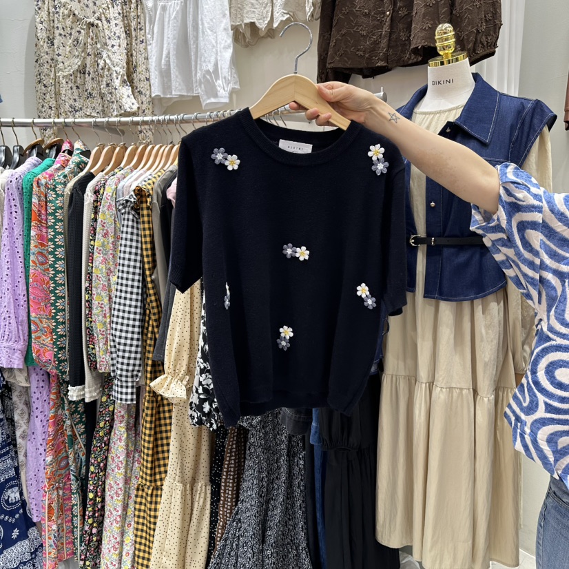 BIKINI韓國代購㊣女裝新品熱賣休閑真品推薦針織衫刺繡花朵BIKINI針織衫圖色3
