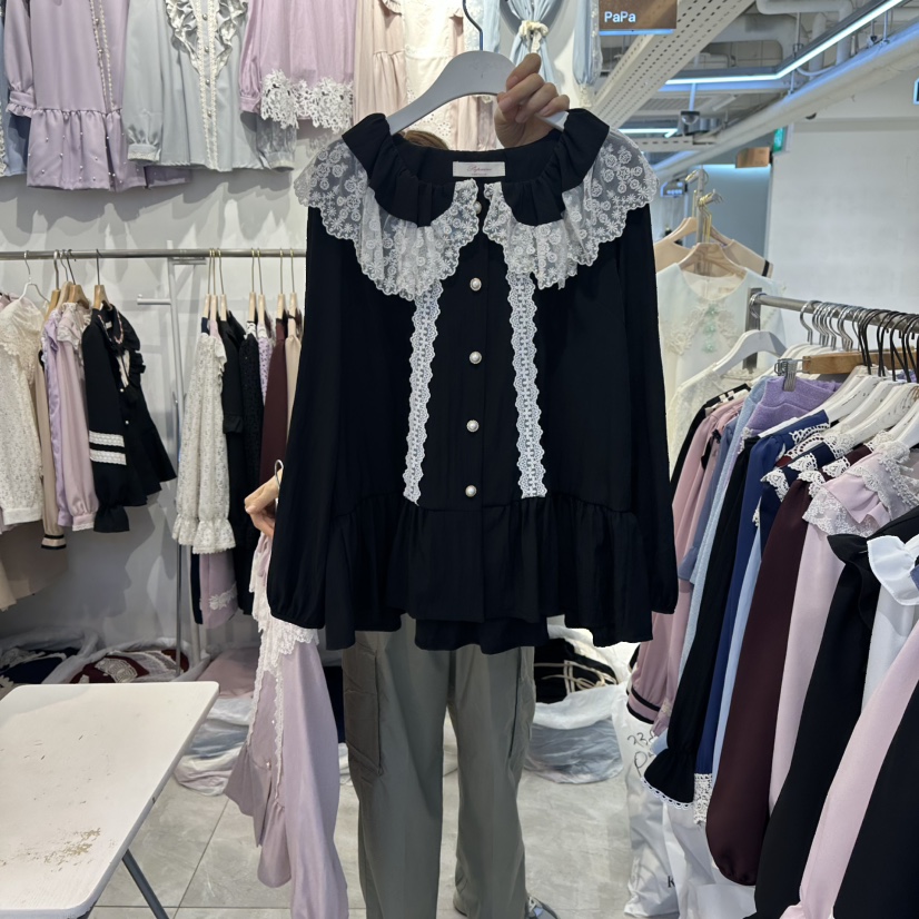 PAPA韓國代購㊣女裝新品休閑25秋冬人氣時尚推薦襯衫蕾絲衫PAPA襯衫/蕾絲衫圖色2