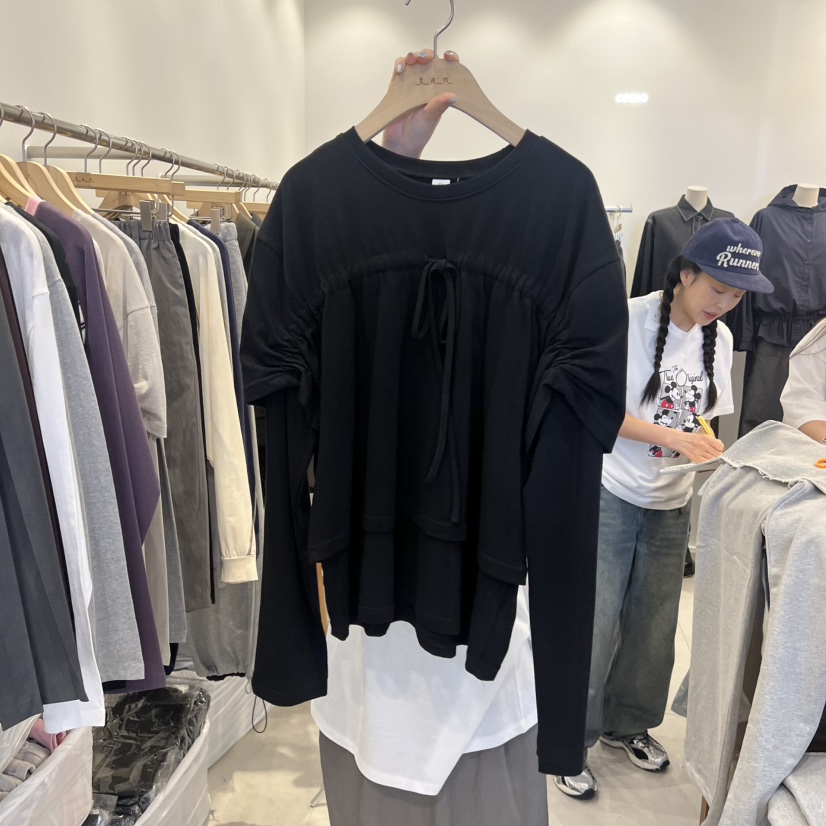 TAN&amp;COMO東大門㊣直郵女士新款25秋冬長袖T恤假兩件褶皺tan-COMO長袖T恤圖色3